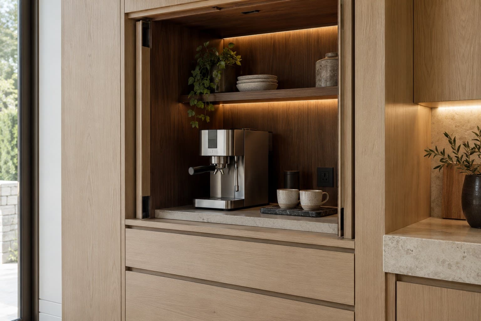 White oak cabinet with pocket doors open to reveal a walnut-lined coffee bar with an espresso machine and lit shelf